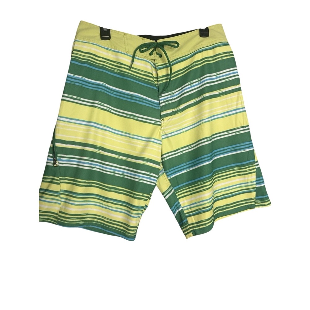 Under Armour HeatGear Board Shorts Mens 34 Green Yellow Striped Swim Trunks‎